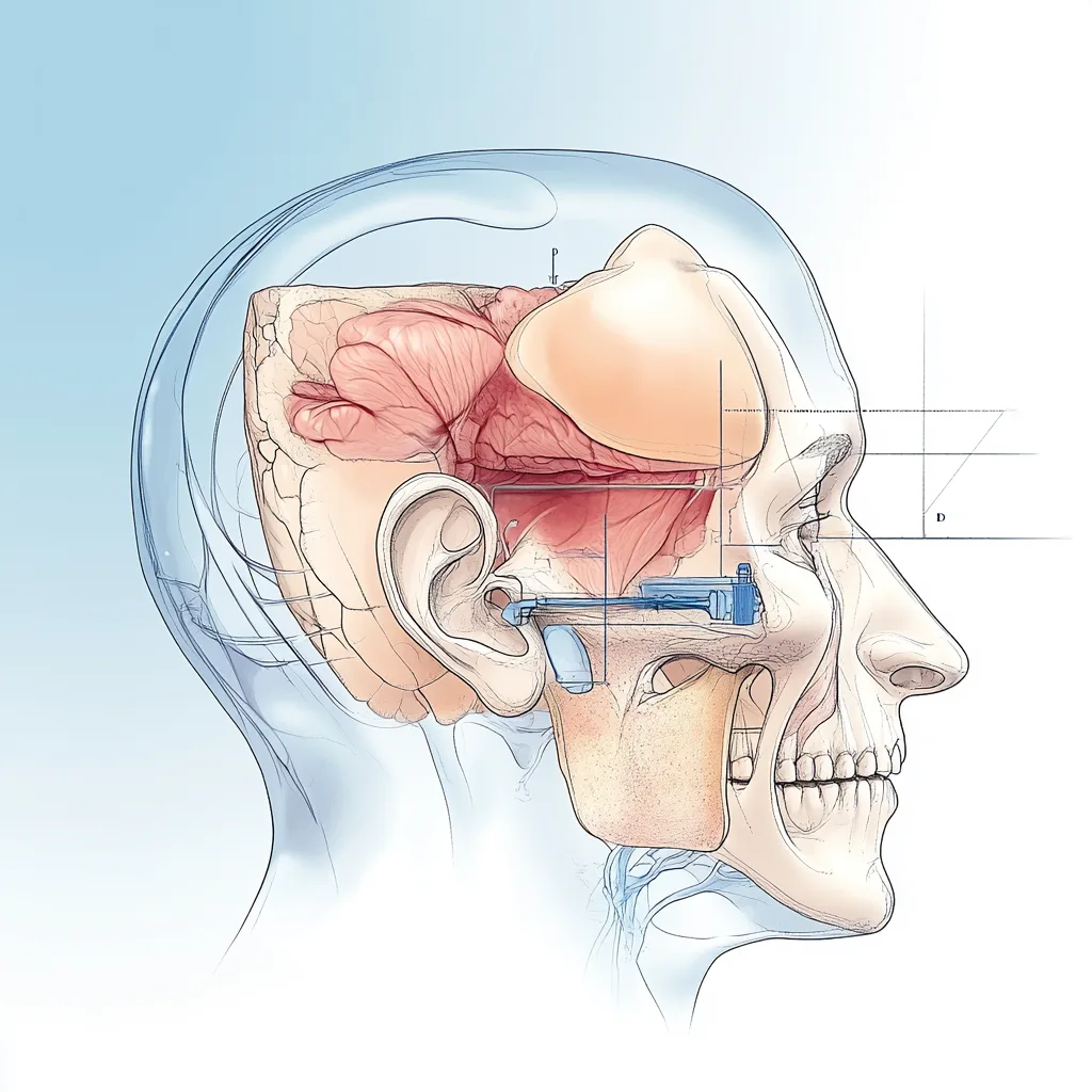 Illustratie van mastoïditis: een ontsteking van het mastoïdbot achter het oor, met rood gemarkeerde infectiezone. Anatomisch model voor medische uitleg op Dokter.nl.